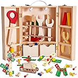 BUYGER Holz Werkzeugkoffer Werkzeugkasten Werkzeug Spielzeug für Kinder, Bausteine Holz Spielwerkzeugen Holzspielzeug Geschenk für Jungen M