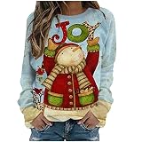 Wszbdoh Damen Weihnachtsshirt 3/4 äRmel Casual Bluse Frauen 3/38 Arm Lang Shirts Mit Rundhals Weihnachtsmann Drucken Tshirts Langarm Slim Weihnachtsbluse(Hellblau 18,XXL)