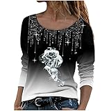 Langarmshirt Damen T-Shirt 3D Drucken Glitzer Rose Gradient Printed Pullover Tunika O Ausschnitt Sweatshirt Lockere Bequeme Herbst T Shirt Tunika Blusen Oberteil Elegant Bluse Streetw