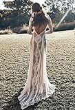 Hochzeitskleid Vintage Spitze rückenfrei Boho Strand Hochzeitskleider Langarm Nude Futter Land Böhmen Hochzeitskleid Hippie Braut Kleid Brautkleider für Braut (Farbe: Weiß, US-Größe: 4)