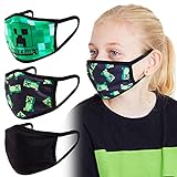 Minecraft Mundschutz Kinder, Mundschutz Maske Jungen und Mädchen 3er Pack, Creeper Design Maske Kinder Waschbar, Mund und Nasenschutz Kinder und Teenag