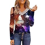MRULIC Damen Pullover Langarmshirt V-Ausschnitt Einfarbig Off Shoulder Top LäSsiges Loses T-Shirt Top FrüHling Oberteile Blusen Basic Langarm Shirts(A2 Blau,S)