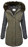 Rock Creek Damen Jacke Winter Parka Bikerjacke Winter Mantel Outdoorjacke Damenmantel Damenparka Kunstleder Ärmel Kunstpelz Kapuze D-347 Dunkelgrün L