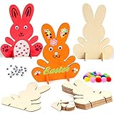 Zaloife Hasen aus Holz zum Bemalen, 10 Stück DIY Osterhase Deko, Bunte Mini Pompons mit Kulleraugen, Bastelset Kinder Frühling für Bastelzubehör Dek