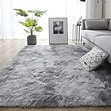 Leesentec Teppiche Weiche Schlafzimmerteppiche Anti-Rutsch-Flauschiger Wohnzimmerteppich Zottelige Fußmatten Groß für Schlafzimmer (160 * 200cm, Grau weiß)