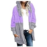 Vexiangni Fleecejacke Damen mit Kapuze Übergangsjacke Fleecemantel Große Größen Outdoor Wintermante Herbst Winter Farbblock Plüschjacke Reisverschuss Teddymäntel Dicker Warm Winterjack