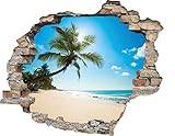 3D-Effekt Wandtattoo 'Palmenstrand' | Aufkleber | Durchbruch | selbstklebendes Wandbild | Wandsticker | Stein | Wanddurchbruch | Wandaufkleber | Tattoo, Größe:60x50