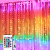 Lichtervorhang 3mx3m 300LED Fenster Vorhang Lichterketten mit 8 Modi, USB Farbwechsel Regenbogen Lichterketten mit Fernbedienung und Haken, Deko für Weihnachten, Partydekoration, Innenbeleuchtung