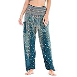 Nuofengkudu Damen Haremshosen High Waist Hippie Muster Baumwolle Pumphosen mit Taschen Leicht Weite Luftige Stoffhose Yogahose Sommerhose Strandhose(Einheitsgröße,D Grün Pfau)