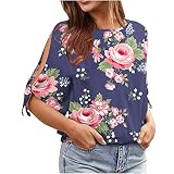 Ärmel Ärmel Mode Open Print Damen T-Shirt Runder Kurzhals Damenhemden Bluse Hoher Kragen (Purple, XL)