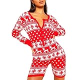 Onesie Schlafanzug für Frauen Weihnachten Schlafanzug Strampler Langarm Sexy Jumpsuit Weihnachten Shorts Bodysuit (Rot, X-Groß)