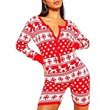 Onesie Schlafanzug für Frauen Weihnachten Schlafanzug Strampler Langarm Sexy Jumpsuit Weihnachten Shorts Bodysuit (Rot, X-Groß)