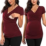 Love2Mi Damen Kurzarm Stillshirt Umstandsshirt V-Neck Nursing Tops Umstandsmode, Weinrot, XL