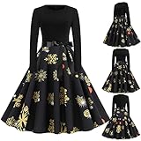 DSPKOhG Damen Weihnachts Langarm O-Ausschnitt Druck Vintage Kleid Partykleid Christmas Kostüm Cosplay Frauen Christmas Print Langarm 50er Jahre Weihnachtsmann Elch Print Party Swing