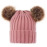 TROYSINC Wintermütze,warme Strickmütze,Einfarbig Strickmütze,Damen Mütze mit Kunstpelz Bommel,Damen Slouch Strick Beanie (Pink)