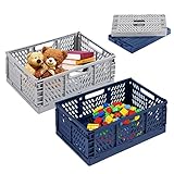 Klappkiste Plastik, 2 Stück Klappkorb Faltbare, Aufbewahrungskorb aus Kunststoff, profi klappbox stabil, Transportkiste Stapelbar für Küche, Schlafzimmer, Arbeitszimmer(Blau+ Grau, 22*15*9cm)