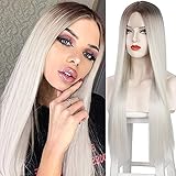 Perücke Blond Damen Lang Glatt Gerade Perücken für Frauen/Mädchen/Afro Natürliche Wurzel Mittelteil Spitze Perrucken Party/Kostüm Lace Front Platin Hellblond Wig DE066