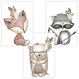 Wandbilder 3er Set für Babyzimmer Deko Poster | Kunstdruck DIN A4 | Dekoration Kinderzimmer Waldtiere (Fuchs Waschbär Bär Boho Junge)