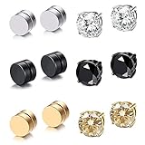 Fu You 6 Paare Set Edelstahl Magnet Ohrringe für Herren Damen Männer Fake Ohrringe Clip Magnet Ohrstecker Ohrclip Tunnel Non-Piercing Zirkonia CZ Ohrringe Ohne Ohrloch Silber Schwarz Gold 8MM
