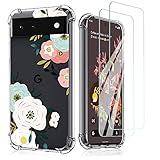 Niboow hülle Kompatibel mit Google Pixel 6, [Mit 2PCS 9H Panzerglas] TPU Silikon Schlank Schutzhülle, Clear Blumenmuster Handyhülle Friendly Kompatibel mit Google Pixel 6-Rosa/Himmelb
