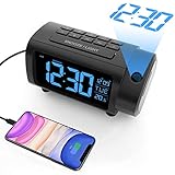 LIORQUE Projektionswecker Radiowecker Digital Wecker mit Projektion 180°, Radio, Snooze, Wochenendmodus, USB, Ladefuntion, Temperatur, 2-Farb-Ziffern und 4-Stufe-Heilligkeit, Schw