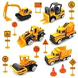 Sunarrive Baustellenfahrzeuge mit Baustellenschild - Baufahrzeuge Mini Bagger für Torte - Baustelle Fahrzeuge Minibagger Spielzeugauto Set - Kleine Spielzeug Auto für Kinder Junge Mädchen ab 3 4 J