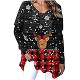 Weihnachtspullover Damen Kariertes Hemd Blusen Oberteile Casual Sweatshirt Elegant Langarmshirt Pullover Sexy V-Ausschnitt Bluse Shirt Rentier Druck Jumper Laufshirt für Winter W