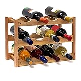 Relaxdays klein, Flaschenregal 12 Flaschen Wein, H x B x T: 28 x 42,5 x 21 cm, natürlich, Holz, Weinregal Walnuss mit 3 Eb