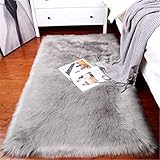 Kunstfell Shaggy Flauschig Teppich Lammfell Schaffell Teppich Hochflor Wolle Carpet Modern Fellteppich Deko Fell Teppiche Grau 80×150 cm für Kinderzimmer Wohnzimmer Stuhl Couch R