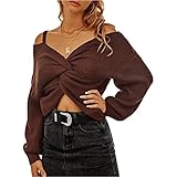 Jillumi Damen Pullover Twisted Gestrickt V-Ausschnitt Sling Sexy Wrap Pullover Crop Jumper Top, weinrot, L