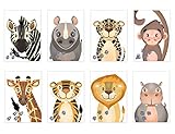 Bilder Kinderzimmer wilde Tiere, Dschungel Deko, Wandbilder Babyzimmer, Poster für Mädchen und Jungen, Tierbilder Set, DIN A4 ohne Bilderrahmen, Kinderbilder Dekoration Afrika (8er Set)