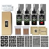 128 Patterns Temporäre Tätowierung Kit, Natürliche Tattoo Sticker, mit 6 Tattoos Paste Schablone, 4 Flaschen (1 schwarz + 2 rot + 1 braun) 4 saubere Baumwolltücher 2 Wattestäbchen 4 H