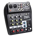 SYNCO Mischpult, Audiomixer 4-Kanal DJ Mixer, Audiomischer Bluetooth/USB, 2 Mono 1 Stereo Eingang, 48V-Phantomspeisung, Audio-Interface Sound Mixer Kompakt Tragbar für Karaoke Heim-KTV, Studiomusik