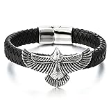 COOLSTEELANDBEYOND Rock Punk Edelstahl Fliegende Adler Herren Armband Schwarz Geflochtene Lederarmband Schweißb