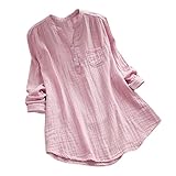 YEBIRAL Damen Bluse Lose Einfarbig Große Größen V-Ausschnit Langarm Leinen Lässige Tops T-Shirt Bluse S-5XL(EU-36/CN-S,Rosa)