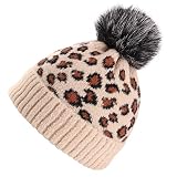 XFBH Wintermützen, Leopardenmuster, Schaf, Samt, Jacquard, Strickmütze, Wollmützen mit Pompon, Größe: Einheitsgröße, Farbe: Beige, 2 Stück
