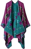 Shmily Girl Damen Poncho Herbst Winter Kariert Capes Patchwork Strickjacke Mehrere Funktion (One Size, Sterne/Lila)