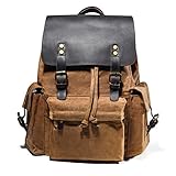 Herren Ölwachs Canvas Wasserdicht mit Leder Rucksack Freizeit Rucksack Reisetasche, khaki, One_Size, Kordelzug