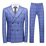 Herren 3-teiliger Anzug, schmale Passform, zweireihig, kariert, Jacke, Weste, Hose, formelle Arbeit, Hochzeit, blau, 48