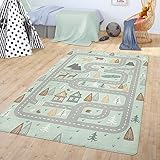 TT Home Teppich Kinderzimmer Kinderteppich Babymatte Straßen Motiv Tiere Wald Haus Junge, Farbe:Türkis, Größe:120x160