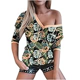 Komiseup Trendiges Oberteil Damen Orange Besatz V-Ausschnitt Top Elegant Sexy Eine Schulter Schulterfreies Bluse Grafik Druck Lose Langarmshirt Tunika Pullover Shirt Jump