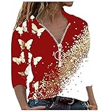 TTWOMEN Damen Langarm T-Shirt mit V-Ausschnitt Lässiger Reißverschluss Schmetterlingsdruck Positionierung Bluse Hemden Tunika Top