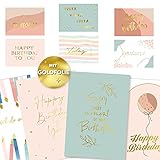 Gloria Therese - Geburtstagskarten mit Goldfolie - 10 hochwertige Glückwunschkarten, Postkarte zum Geburtstag - Happy Birthday Karten als Postkarten Set - Grußkarte für Frauen, Mann, Mädchen,