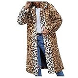 AFFGEQA Damen Leopard Drucken Revers Warme Lange Sweatjacke Wintermantel Warmer mit Taschen Steppmantel Daunenjacke Outdoor Sportjack