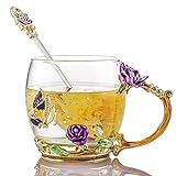 COAWG Teetasse aus Glas Rote Rose Glasklare Neuheit Glas Teetasse Kaffeetassen Reisebecher mit aufwändigem Blumengriff und schönem Löffel Thanksgiving violett 330