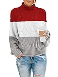 Guorilyee Pullover Damen Elegant Winter Rollkragenpullover Strickpullover Grobstrickpullover Langarm Casual Lose Pulli Oberteile (White Red, Medium)