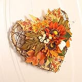 LIUXIN Herzförmiger Künstlicher Haustürkranz, Perfekt Halloween Türkranz Dekorationen, Sonnenblumen Herbstkranz mit Ahornblättern, Beeren und Kürbis Ernte Künstlicher Herb