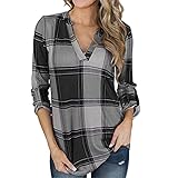 vijTIAN difine T-Shirt Damen Langarm Karierte Bluse Lässig V-Ausschnitt Pullover Herbst-Winter Langarmshirt Locker Atmungsaktives Sweatshirt Mode Lässig Basic Shirts Tops Ob