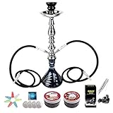 RMAN® Wasserpfeife Shisha Set 2 Schläuchen Hookah inkl.1KG Naturkohle Kokosnuss Shisha Kohle,Zigarettenhalter,Shiza Dampfsteine Tabak,Zange,Folie und Kaminkopf Zubehör Set Schw