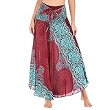 Damen Bohemian Maxi Rock Hippie Gypsy Boho Kleid Ethnisch Stil Blumendruck Hohe Taille Lange Röcke Frauen Elegante Rayon Festliche Halterrock Strandkleider Sommerkleid (rot, Free Size)